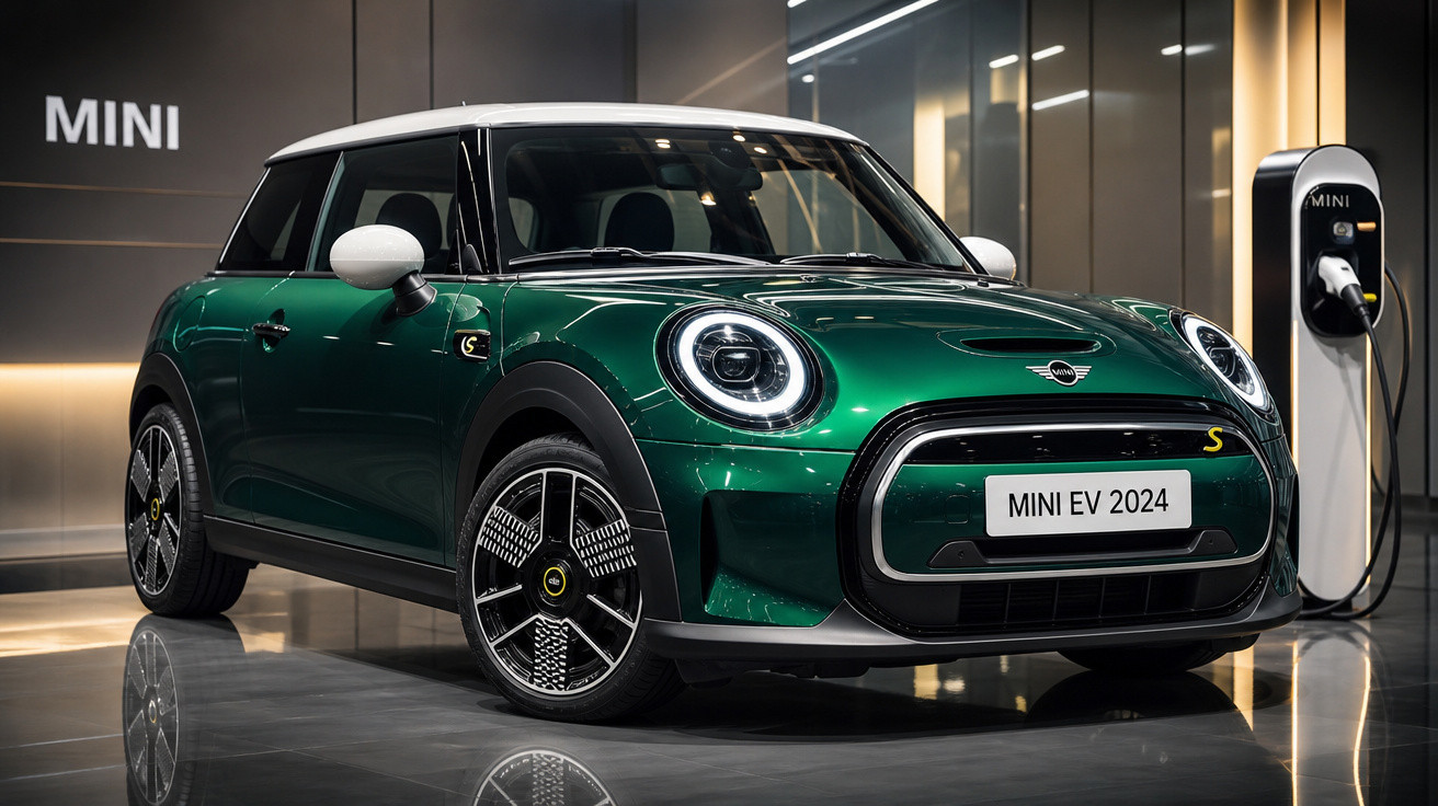 Carro elétrico MINI EV 2024 verde com teto branco, carregando em estação de recarga moderna.
