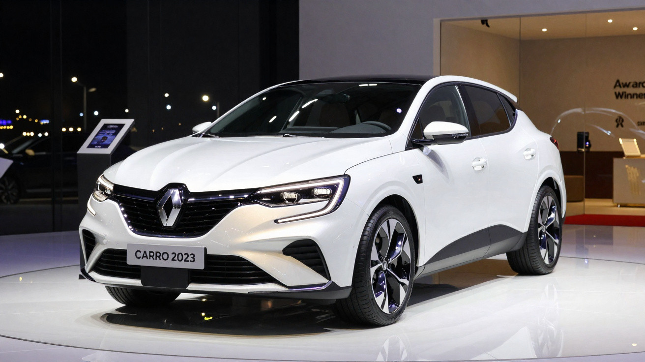 Carro branco Renault 2023 em exposição com iluminação interna e fundo escuro.