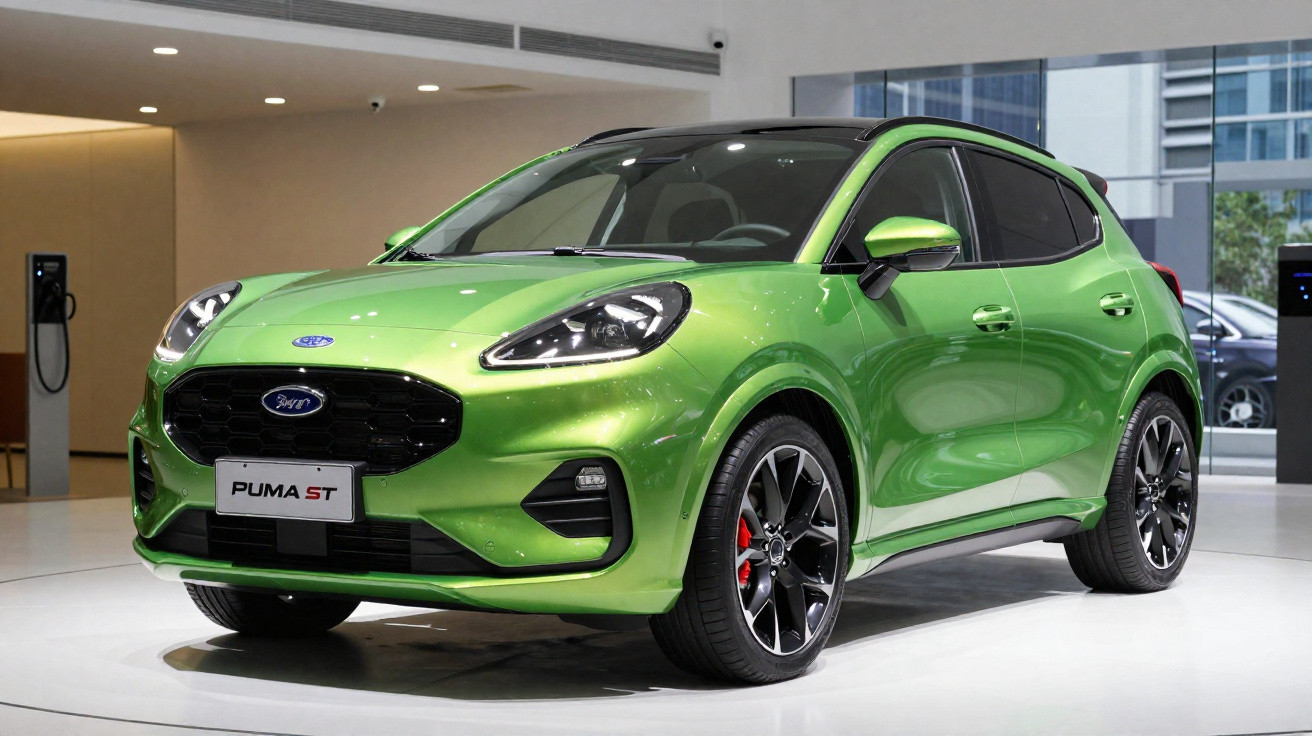 Carro SUV verde Ford Puma ST em exposição com rodas pretas e detalhes vermelhos.