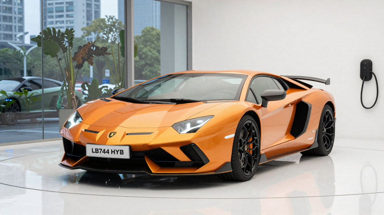 Carro esportivo Lamborghini laranja estacionado em showroom moderno com parede branca e janela de vidro.
