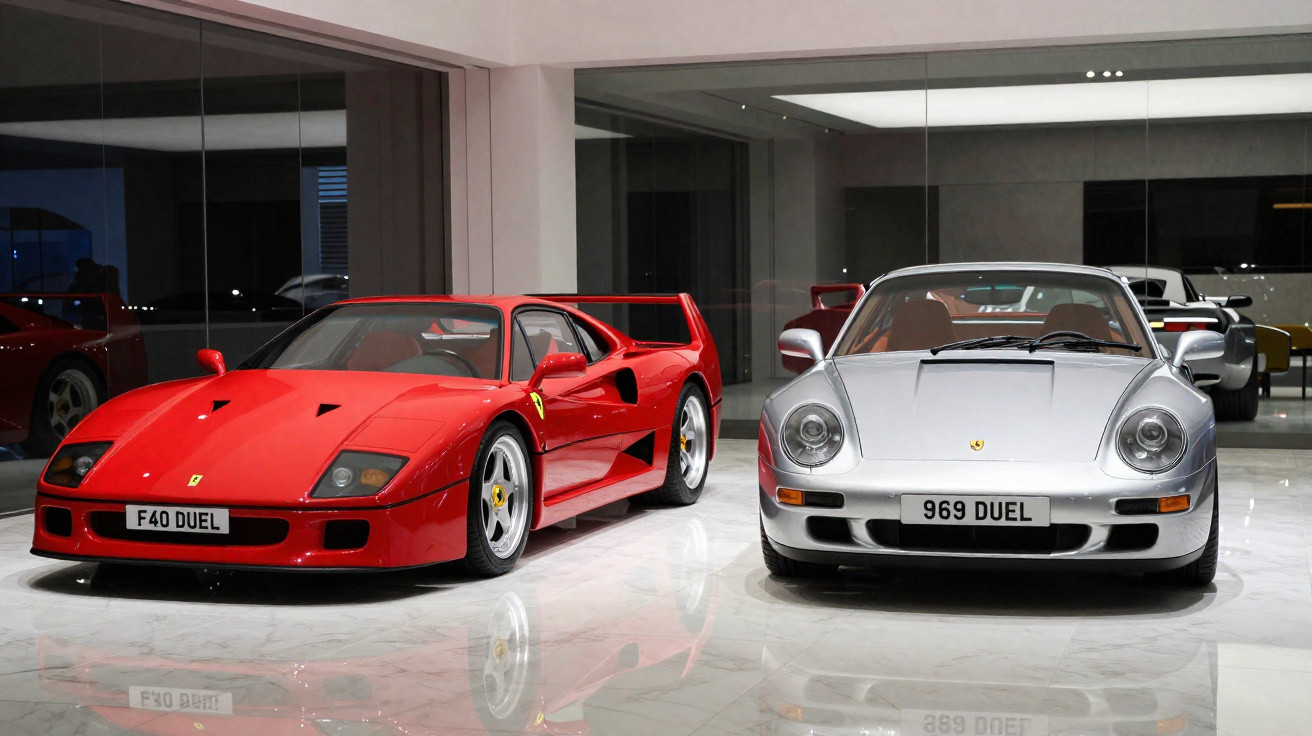 Carros esportivos Ferrari F40 vermelho e Porsche 959 prata lado a lado em showroom luxuoso.