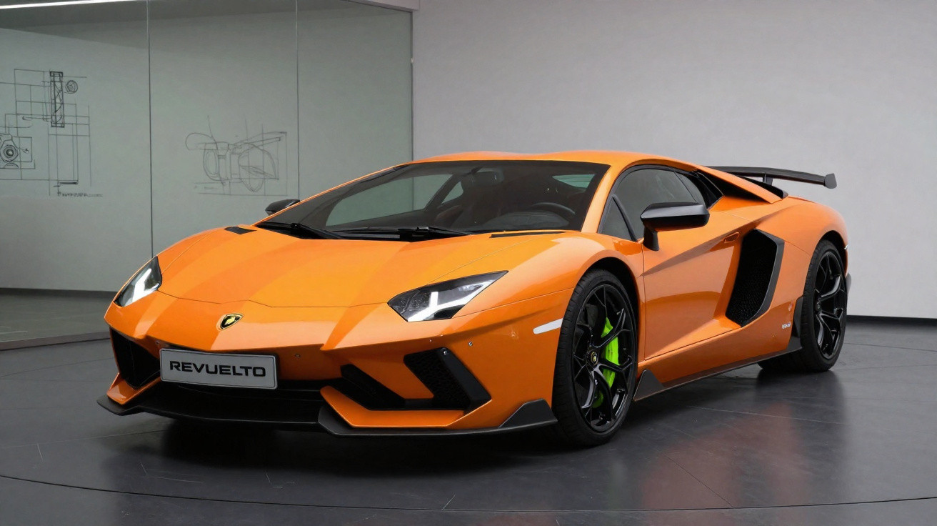 Carro esportivo Lamborghini laranja Revuelto estacionado em ambiente interno com espelho ao fundo.
