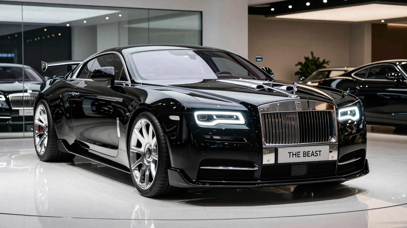 Carro esportivo preto luxuoso Rolls-Royce com placa "The Beast" em showroom moderno.