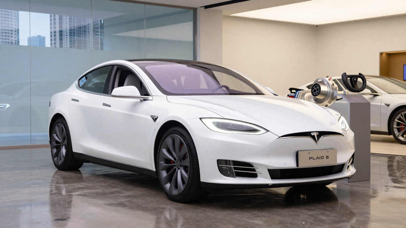 Carro elétrico Tesla Plaid S branco exibido em showroom moderno com chão de mármore refletivo.