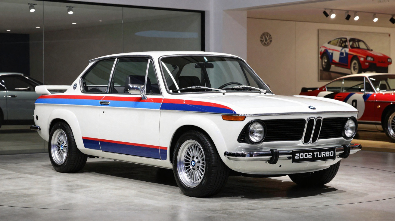 BMW 2002 Turbo branco com faixas azul e vermelha em exibição em museu de carros clássicos.
