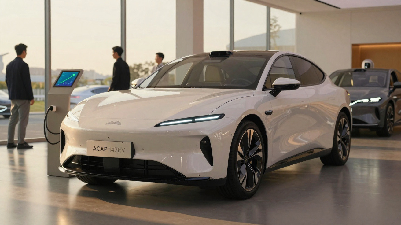 Carro elétrico branco ACAP i43EV exibido em showroom moderno com pessoas ao fundo.