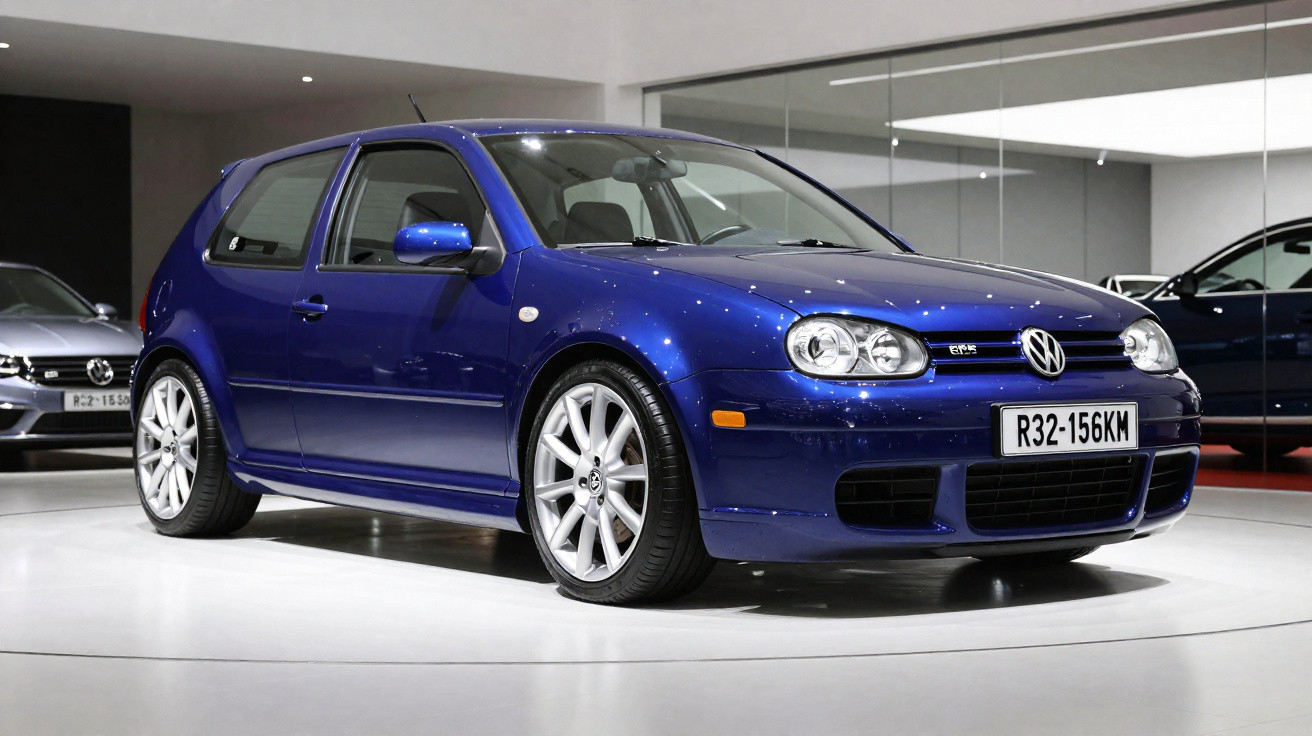 Carro esportivo Volkswagen Golf R32 azul exibido em salão automotivo moderno.