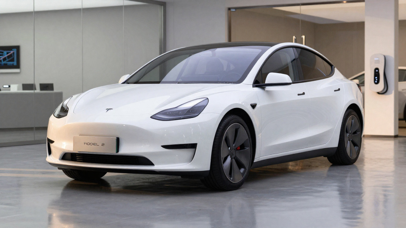 Carro elétrico Tesla Model 2 branco estacionado em ambiente interno moderno e iluminado.
