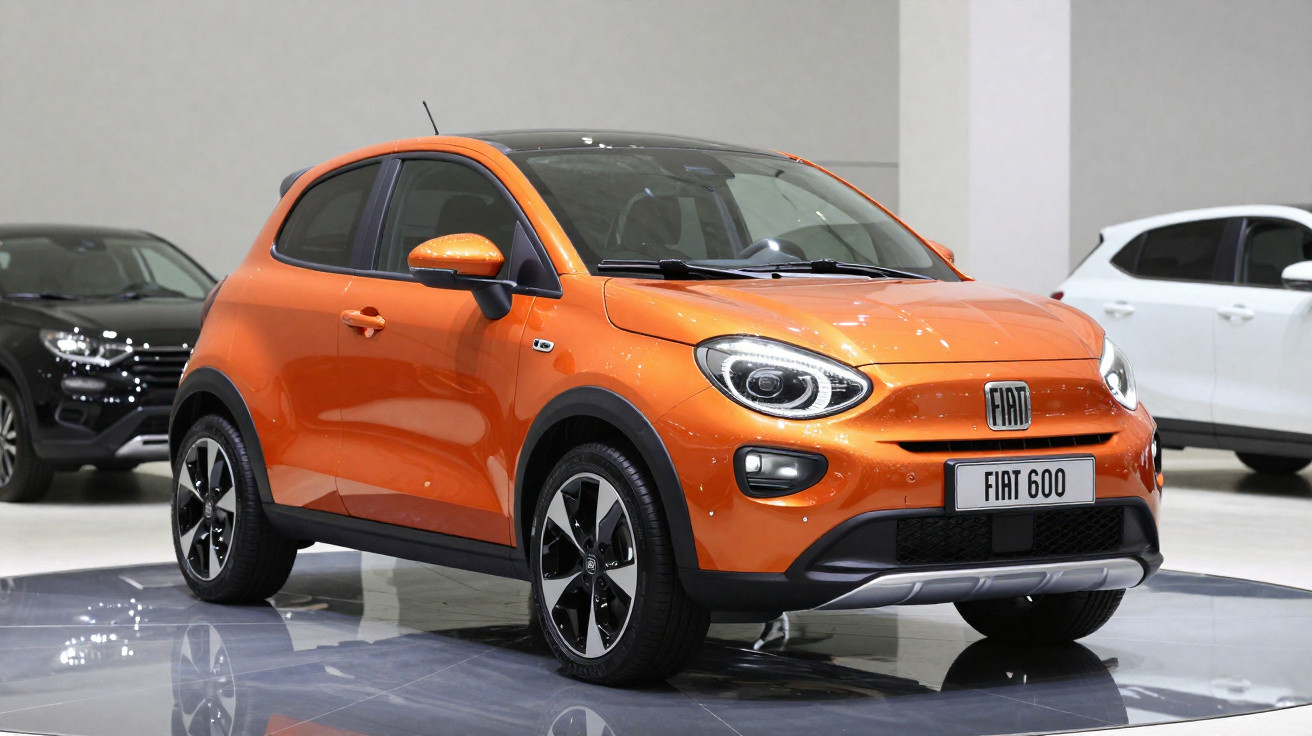 Carro compacto Fiat 600 laranja exibido em salão, com teto preto e rodas esportivas pretas e prateadas.