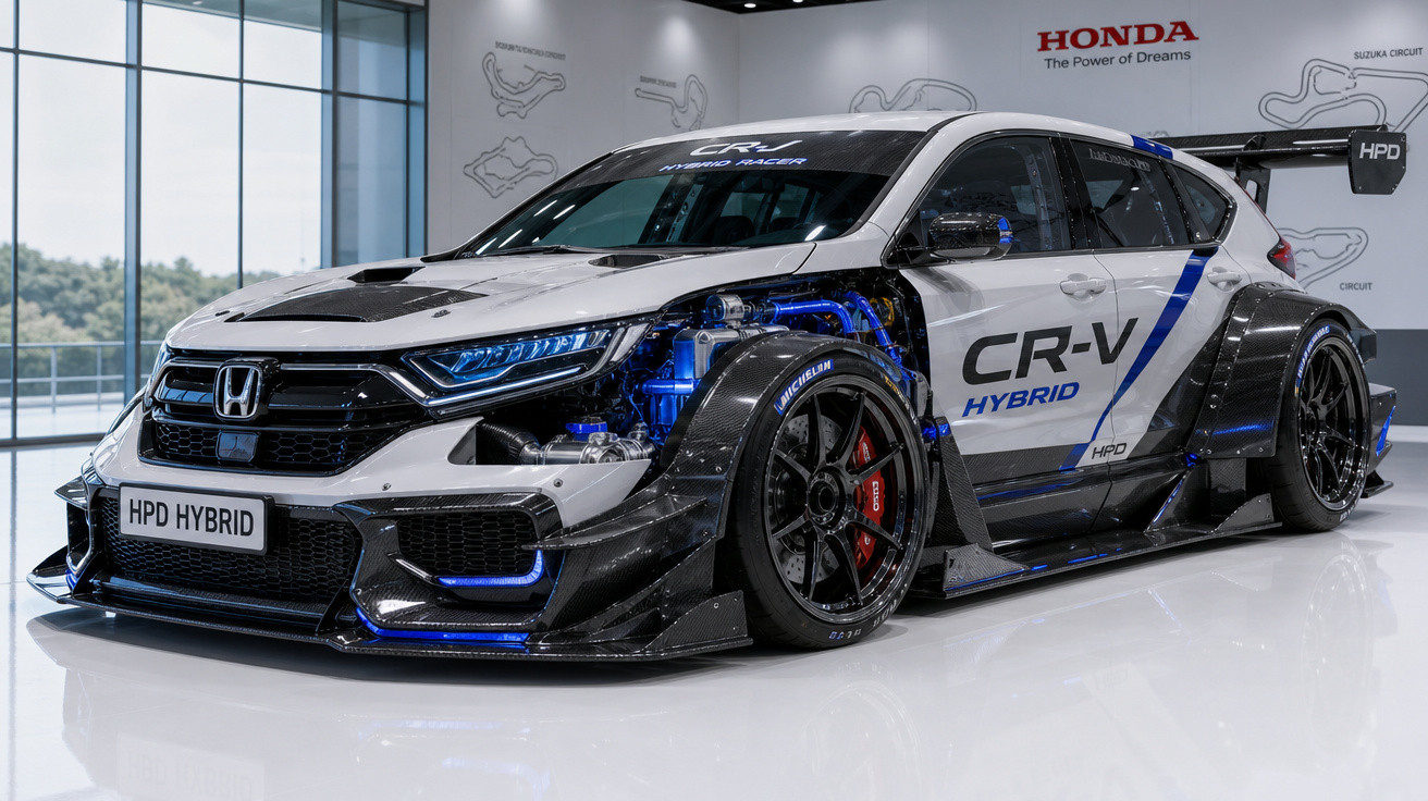 Honda CR-V Hybrid branco com design esportivo e aerodinâmico em estúdio moderno.