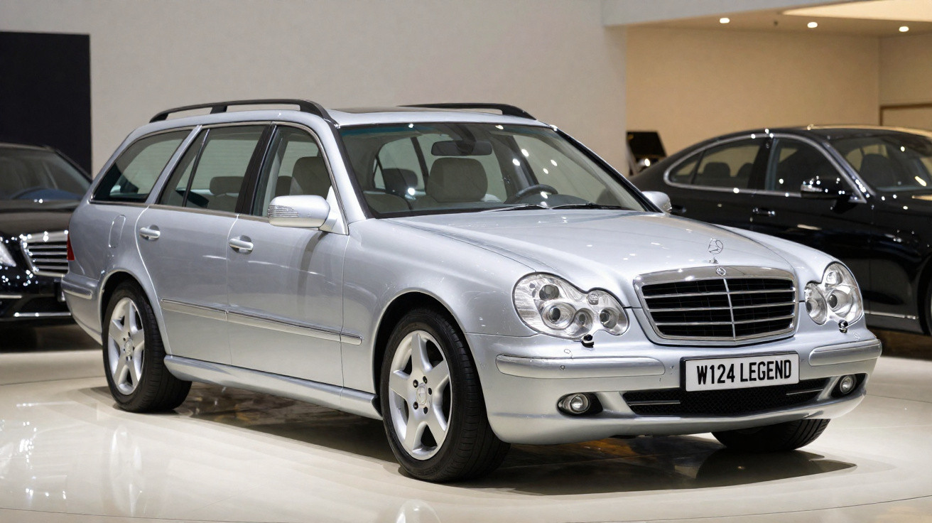 Mercedes-Benz perua clássica prata W124 em exposição, com placas personalizadas W124 Legend.