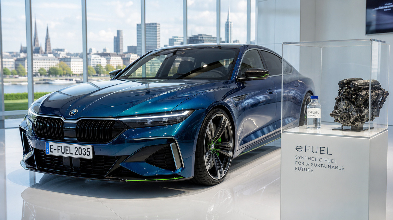 Carro BMW azul exposto ao lado de um motor e frasco de combustível sintético em ambiente moderno.