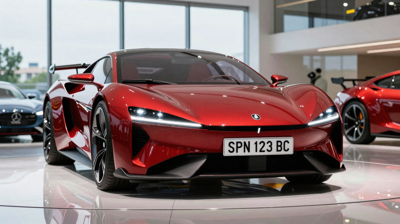 Carro esportivo vermelho com faróis acesos em exposição dentro de showroom moderno.
