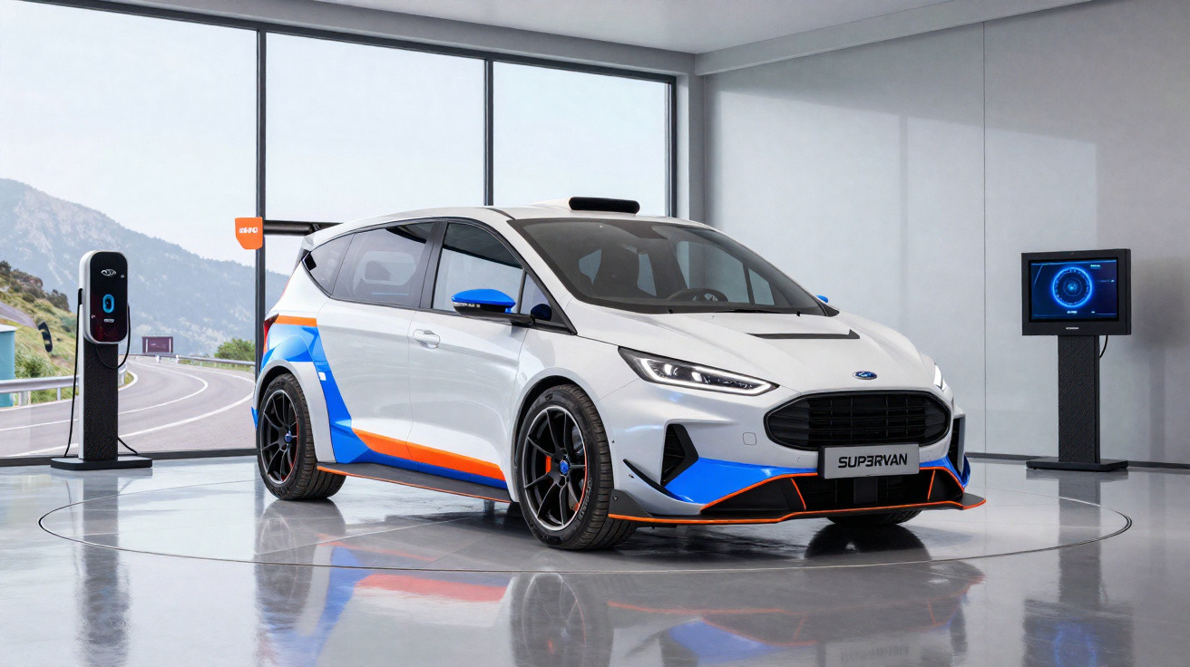 Carro elétrico branco e azul da Ford em showroom com estação de carregamento e tela digital ao fundo.