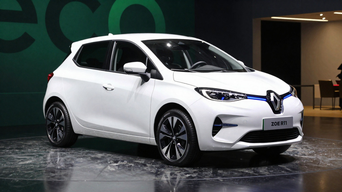 Carro Renault Zoe R11 branco em exposição com iluminação que destaca detalhes do modelo compacto.
