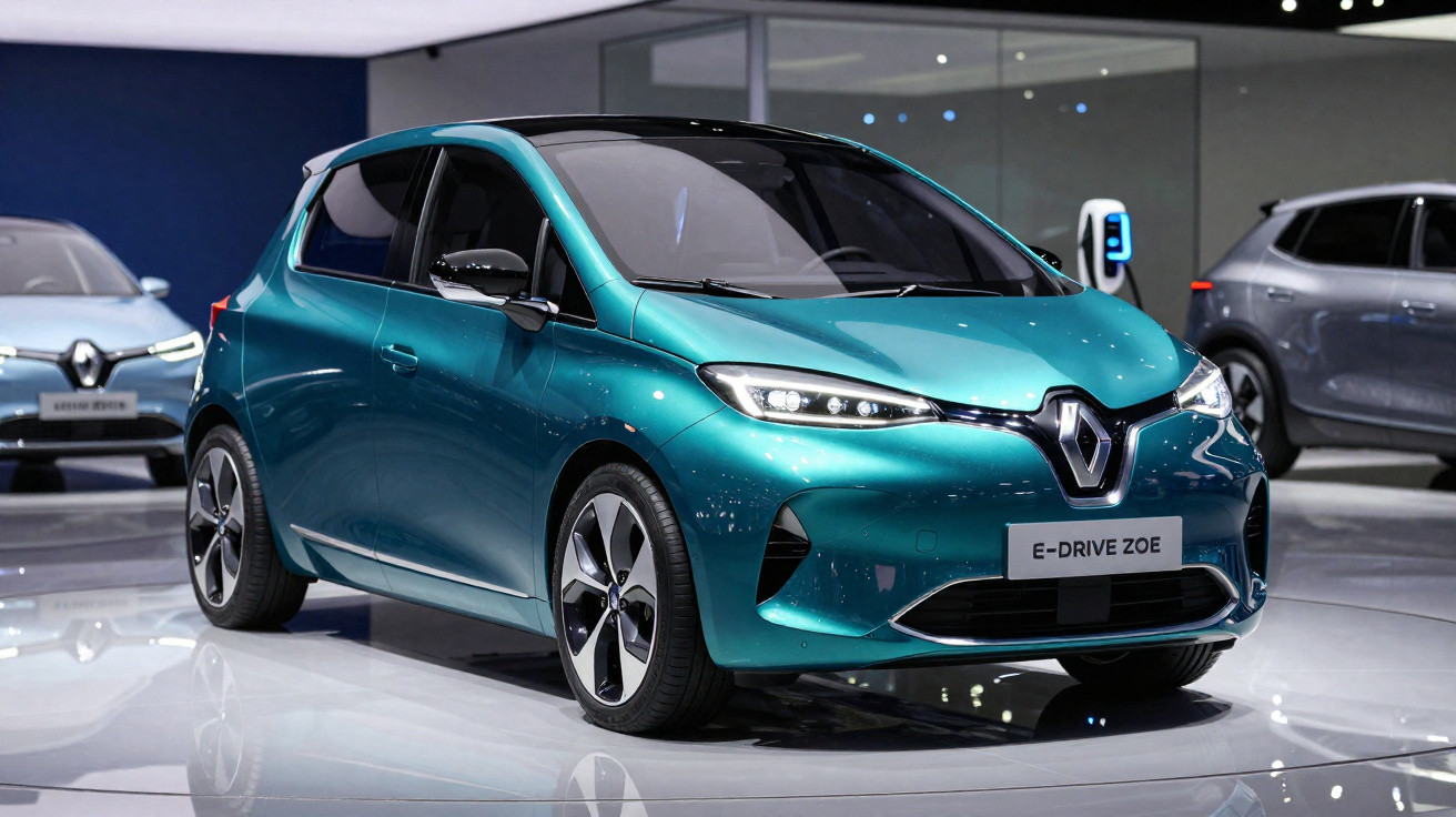 Carro elétrico Renault E-Drive Zoe verde em exposição, com design moderno e futurista.