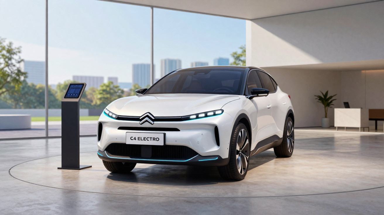 Carro elétrico Citroën C4 Electro branco em ambiente moderno com painel digital ao lado.