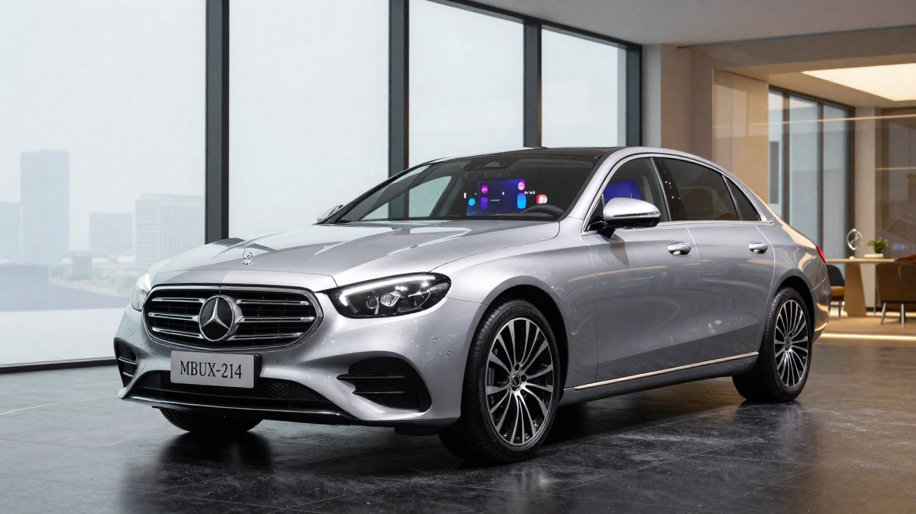 Carro Mercedes-Benz prata em ambiente interno moderno com grandes janelas e piso escuro brilhante.