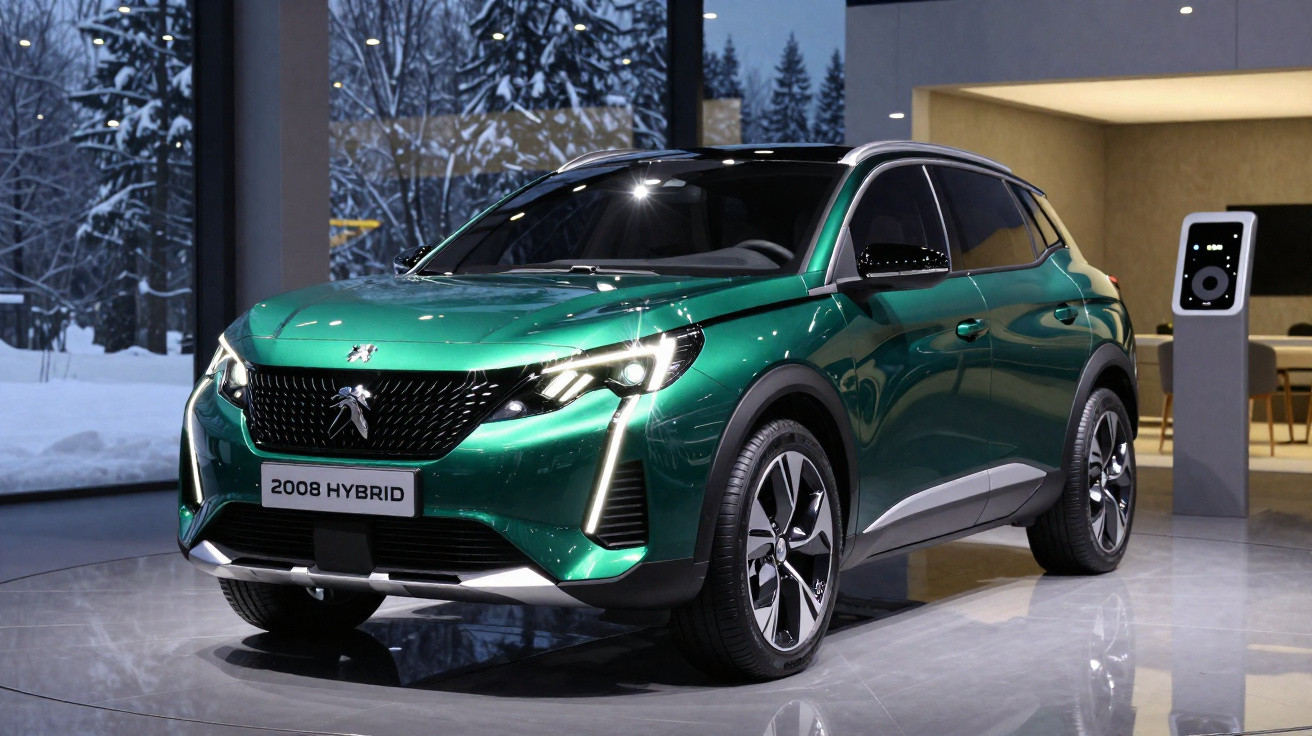 SUV Peugeot 2008 Hybrid verde exibido em ambiente interno com fundo de neve e carregador elétrico.