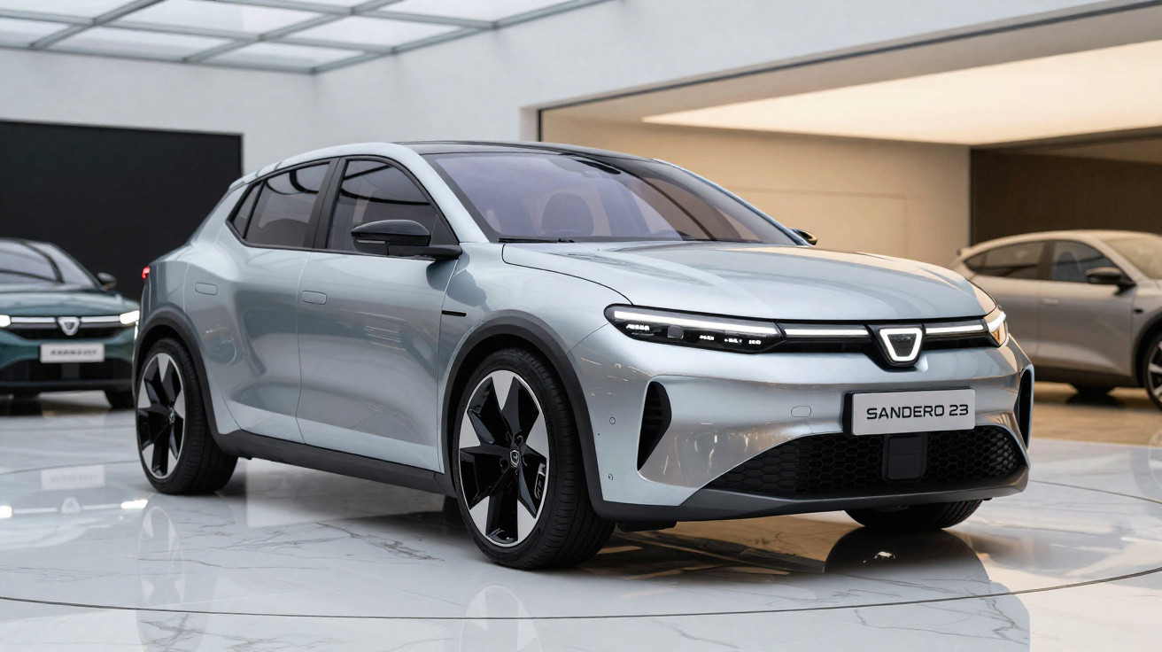 Carro elétrico prata Sandero 23 em exposição interna com acabamento moderno e rodas pretas.