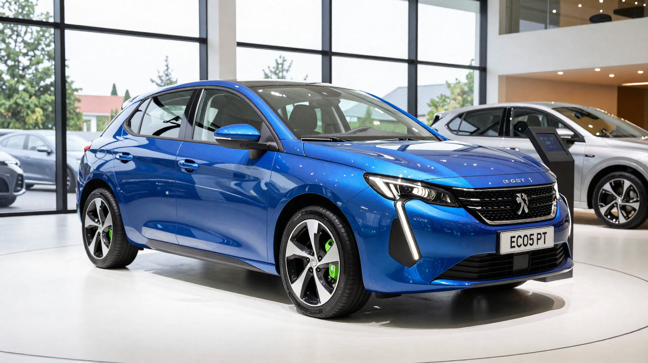 Carro hatchback azul Peugeot 308 exposto em sala de showroom com piso branco e janelas grandes.