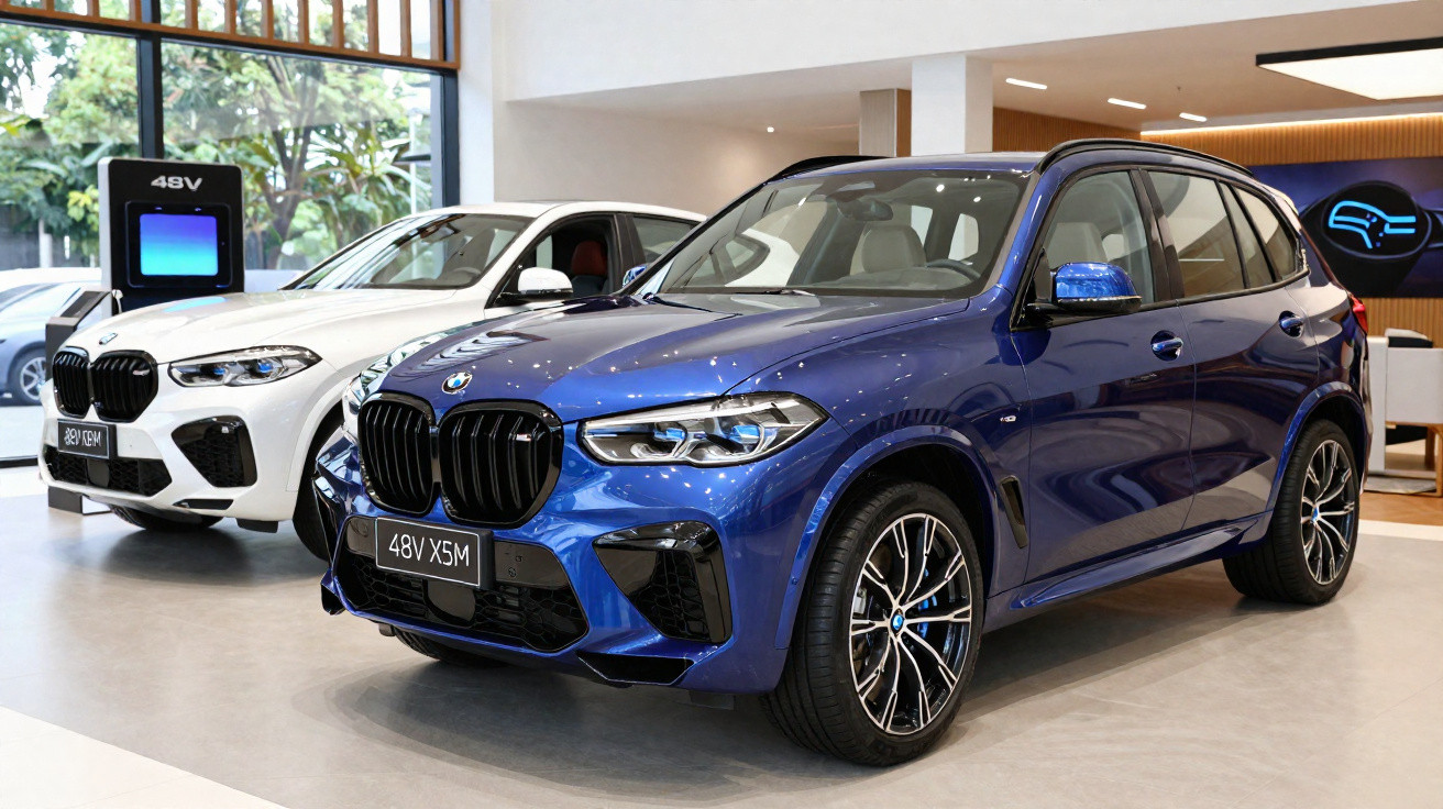Dois carros BMW X5, um azul e outro branco, expostos em showroom moderno com iluminação natural.
