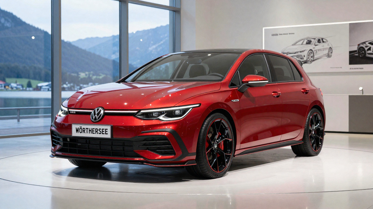 Carro Volkswagen Golf GTI vermelho exposto em showroom com grandes janelões e paisagem montanhosa ao fundo.