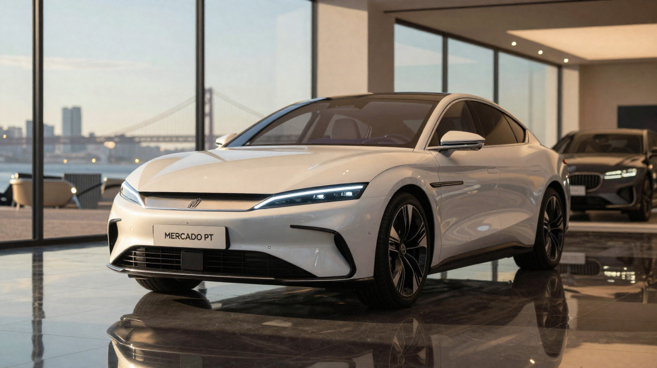 Carro elétrico branco estacionado em showroom moderno com piso de mármore e grandes janelas ao fundo.