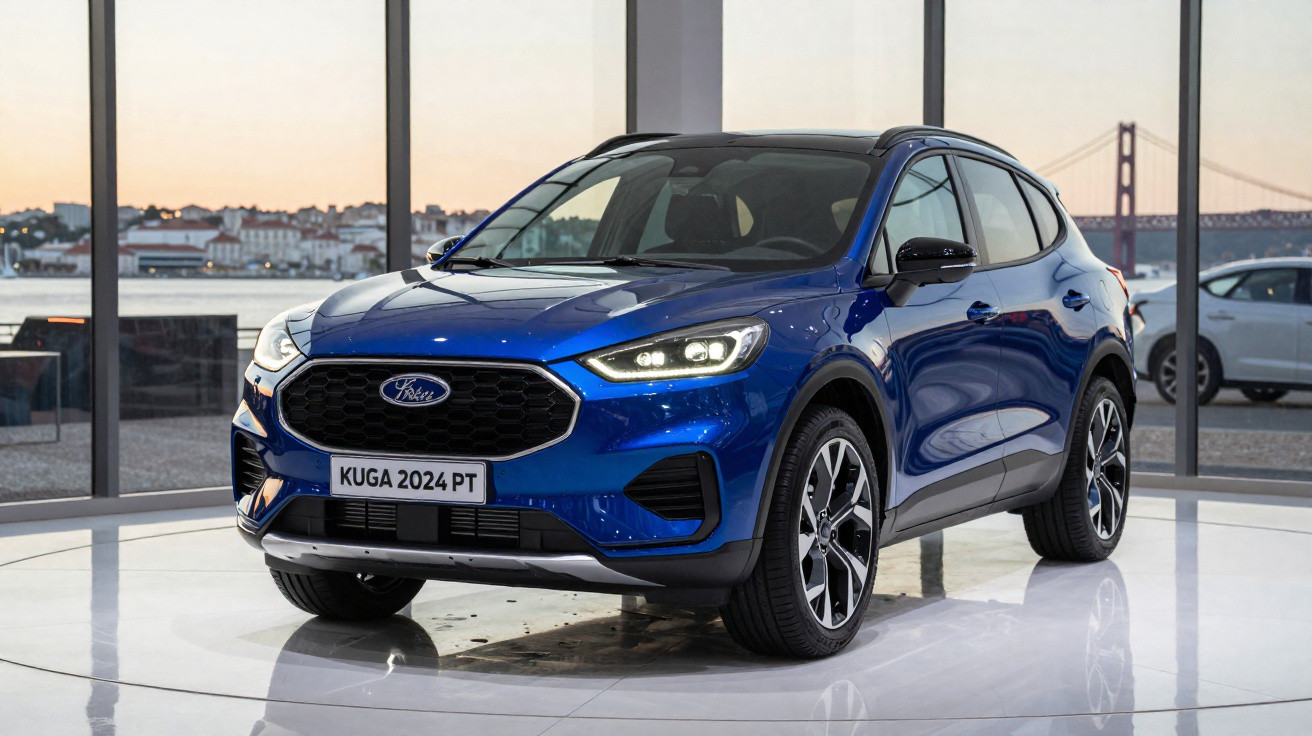 Carro Ford Kuga 2024 azul exposto em ambiente interno com grandes janelas e paisagem urbana ao fundo.