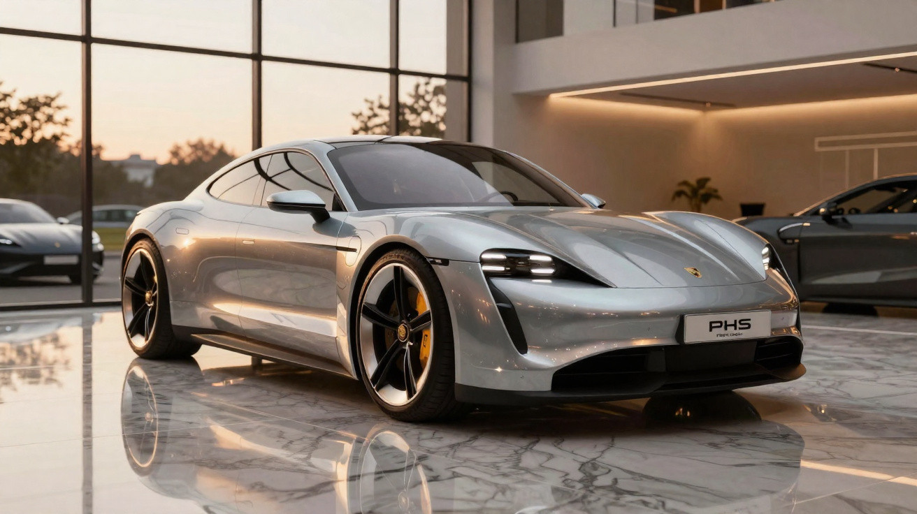 Carro esportivo elétrico prata Porsche Taycan em showroom moderno com piso de mármore e iluminação natural.