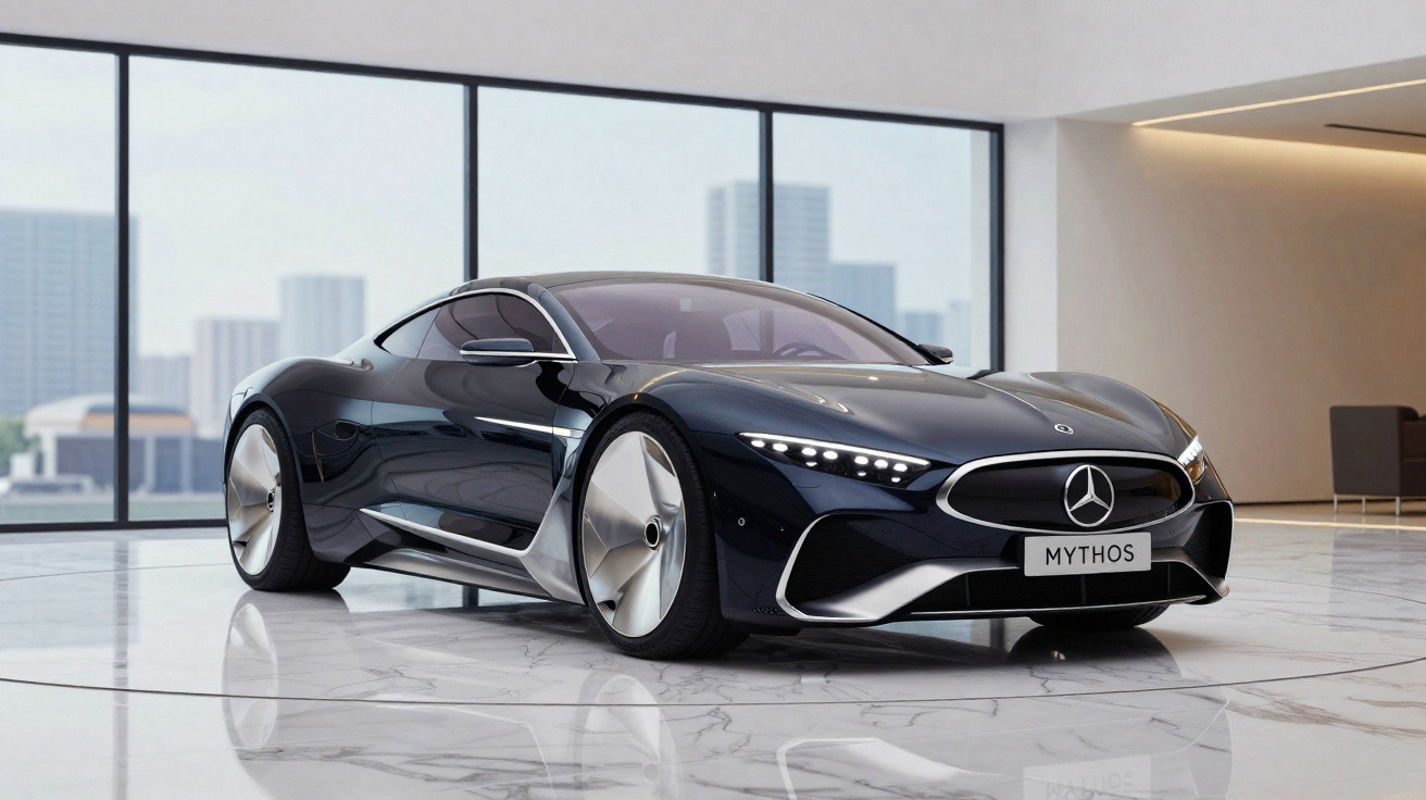 Carro esportivo preto Mercedes-Benz Mythos exibido em showroom moderno com piso de mármore.