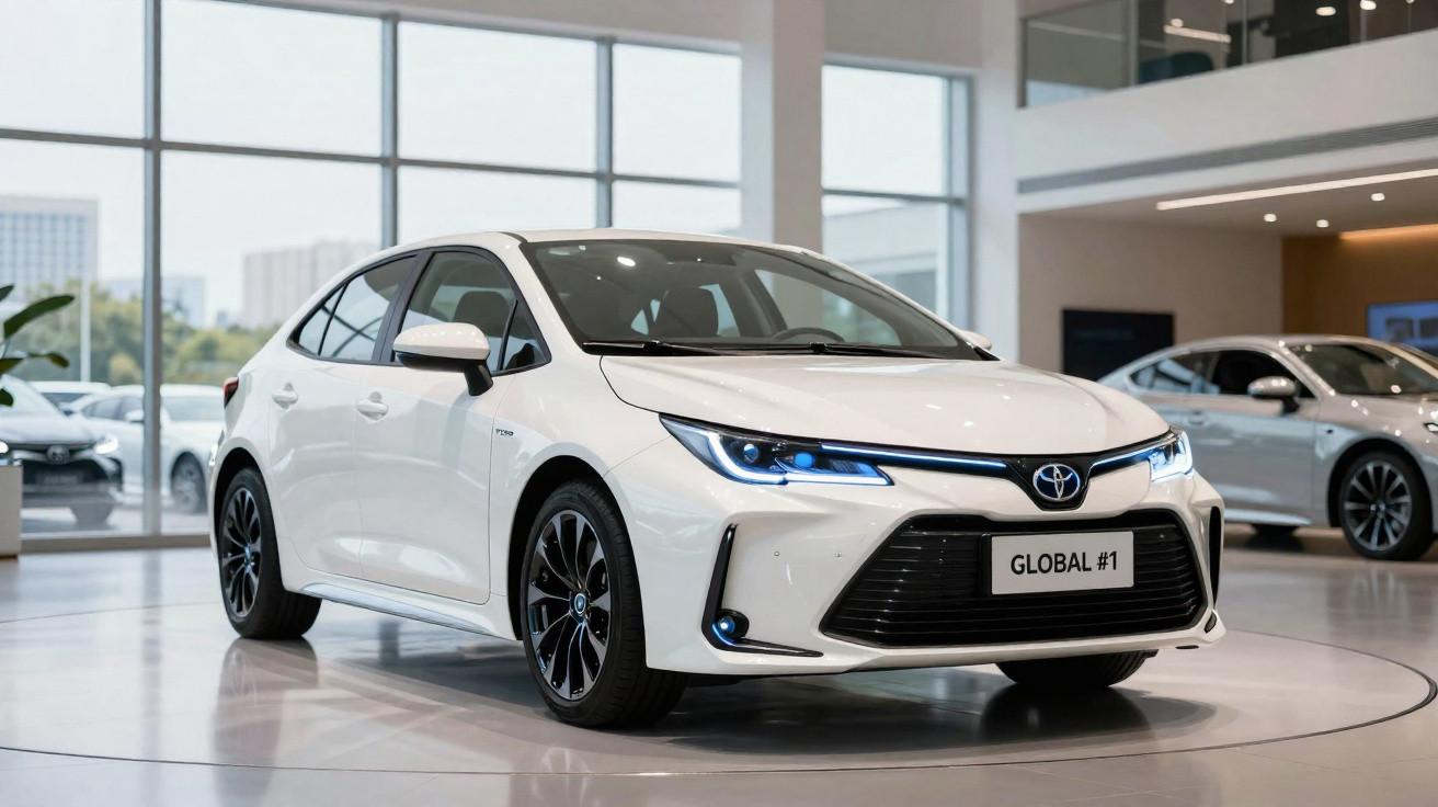 Carro branco Toyota Corolla híbrido exibido em showroom com iluminação natural.