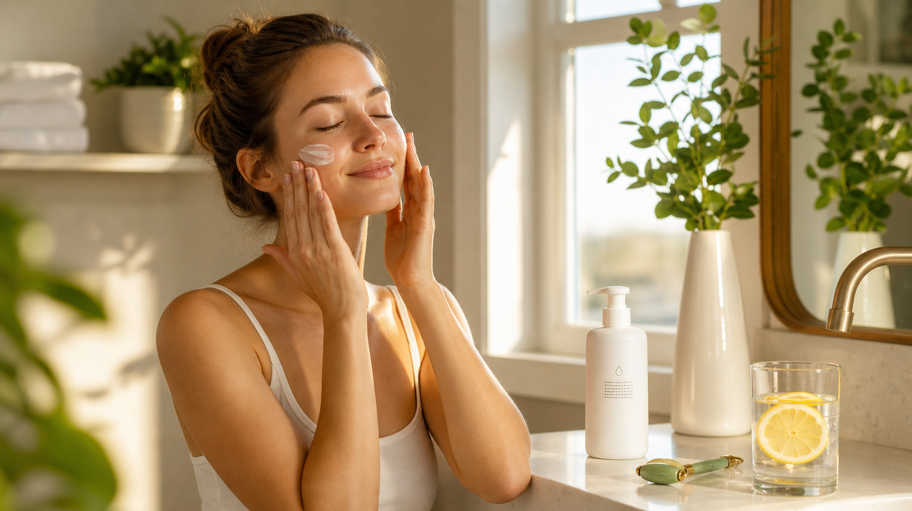 Mulher aplicando creme facial em banheiro ensolarado, com planta, copo de água com limão e espelho.