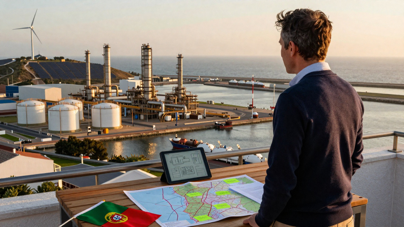Homem observa complexo industrial e área portuária com mapas em mesa e bandeira de Portugal.