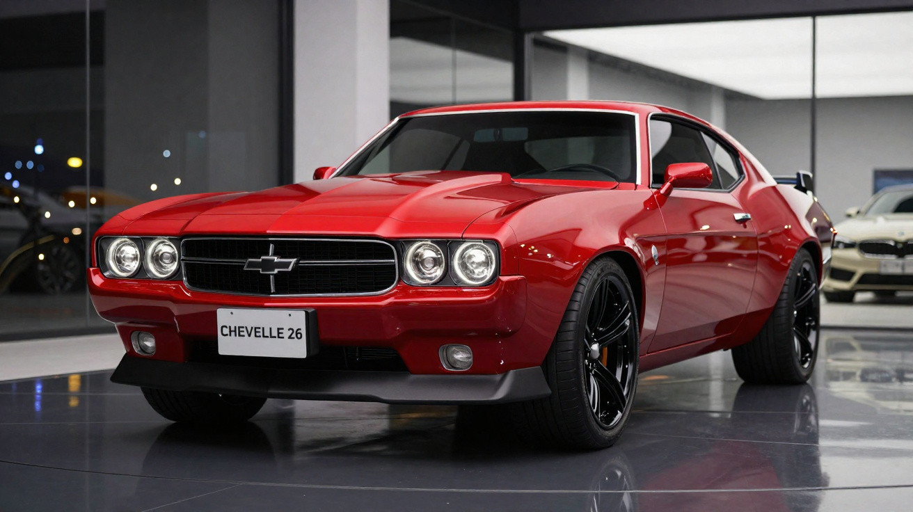 Carro esportivo vermelho Chevrolet Chevelle 26 com rodas pretas em showroom moderno e iluminado.
