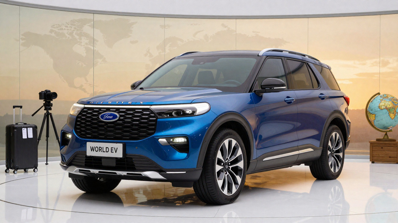 SUV elétrico Ford Azul World EV em ambiente interno com mala, câmera e globo terrestre ao fundo.