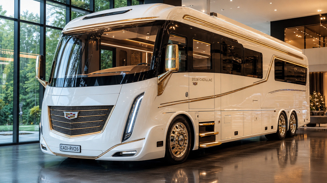 Motorhome branco de luxo Cadillac 2026 em exposição interna com grande janela e iluminação moderna.