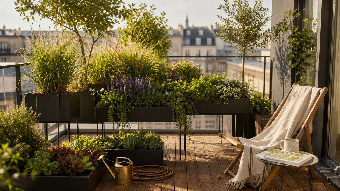 Varanda ensolarada com plantas em vasos, cadeira de madeira com manta e mesa com livro e caneca.