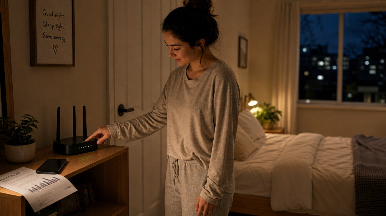 Mulher em pijama desligando um roteador em um quarto aconchegante durante a noite.