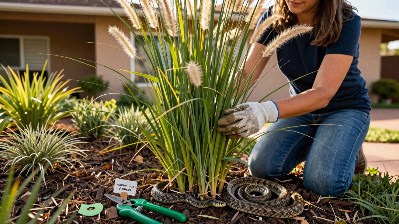 Mulher com luvas cuidando de planta ornamental próxima a cobra enrolada no jardim.