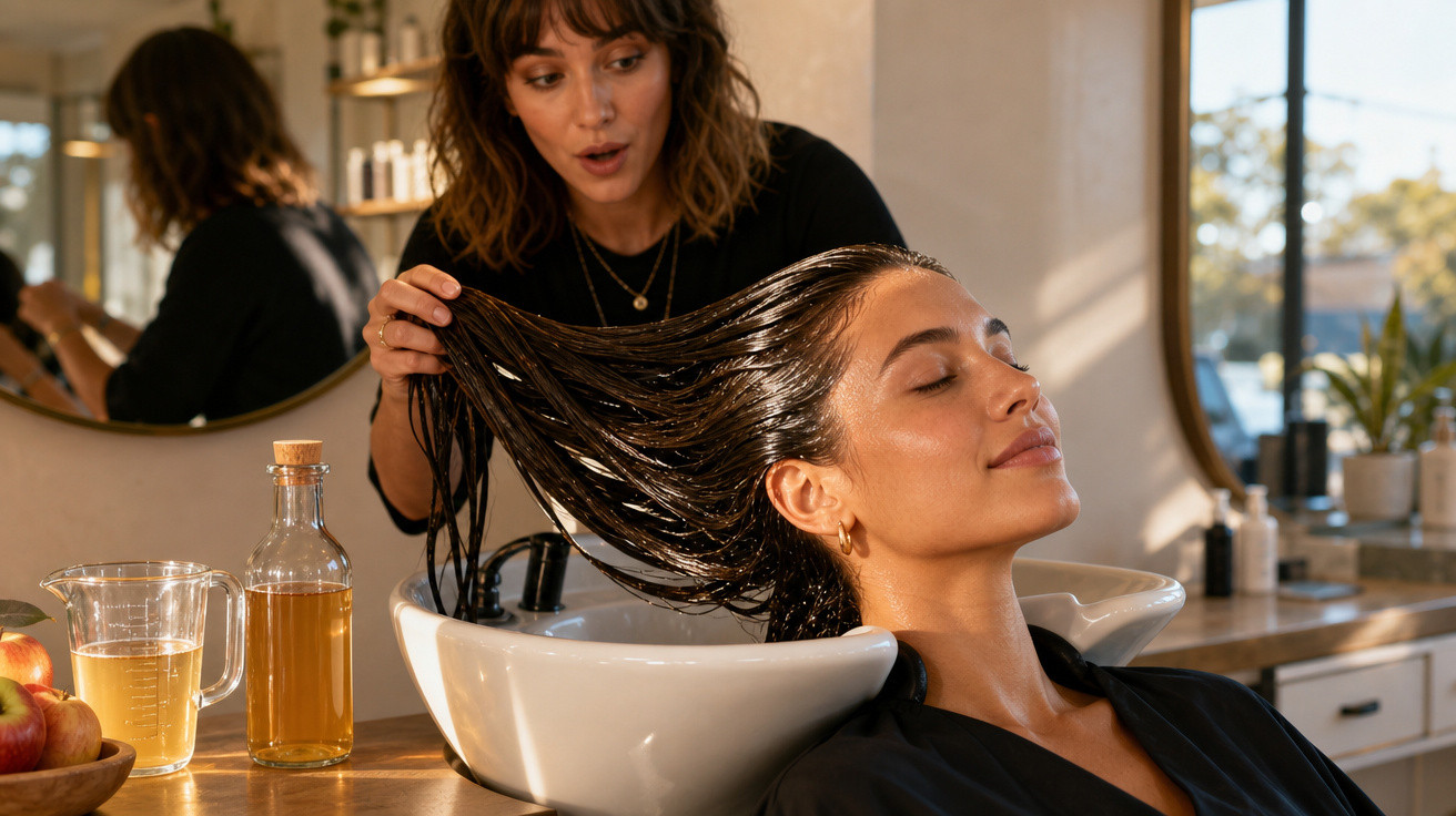 Mulher recebendo tratamento capilar com óleo, cabelo molhado, em salão iluminado e moderno.