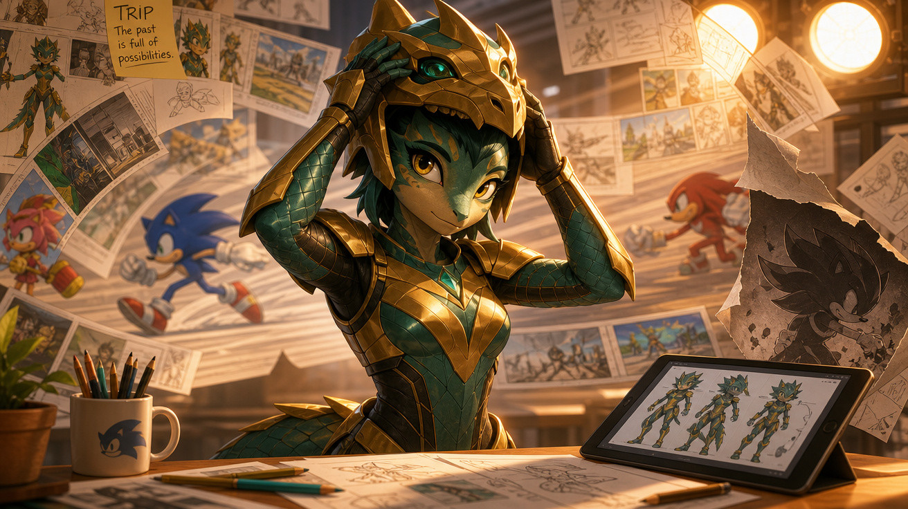 Personagem feminina antropomórfica com armadura dourada colocando capacete em estúdio cheio de desenhos do Sonic.