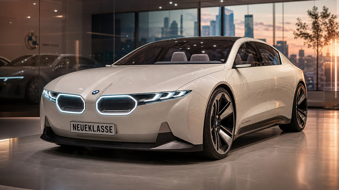 Carro elétrico BMW branco modelo Neue Klasse em exposição interna com luz natural ao fundo.