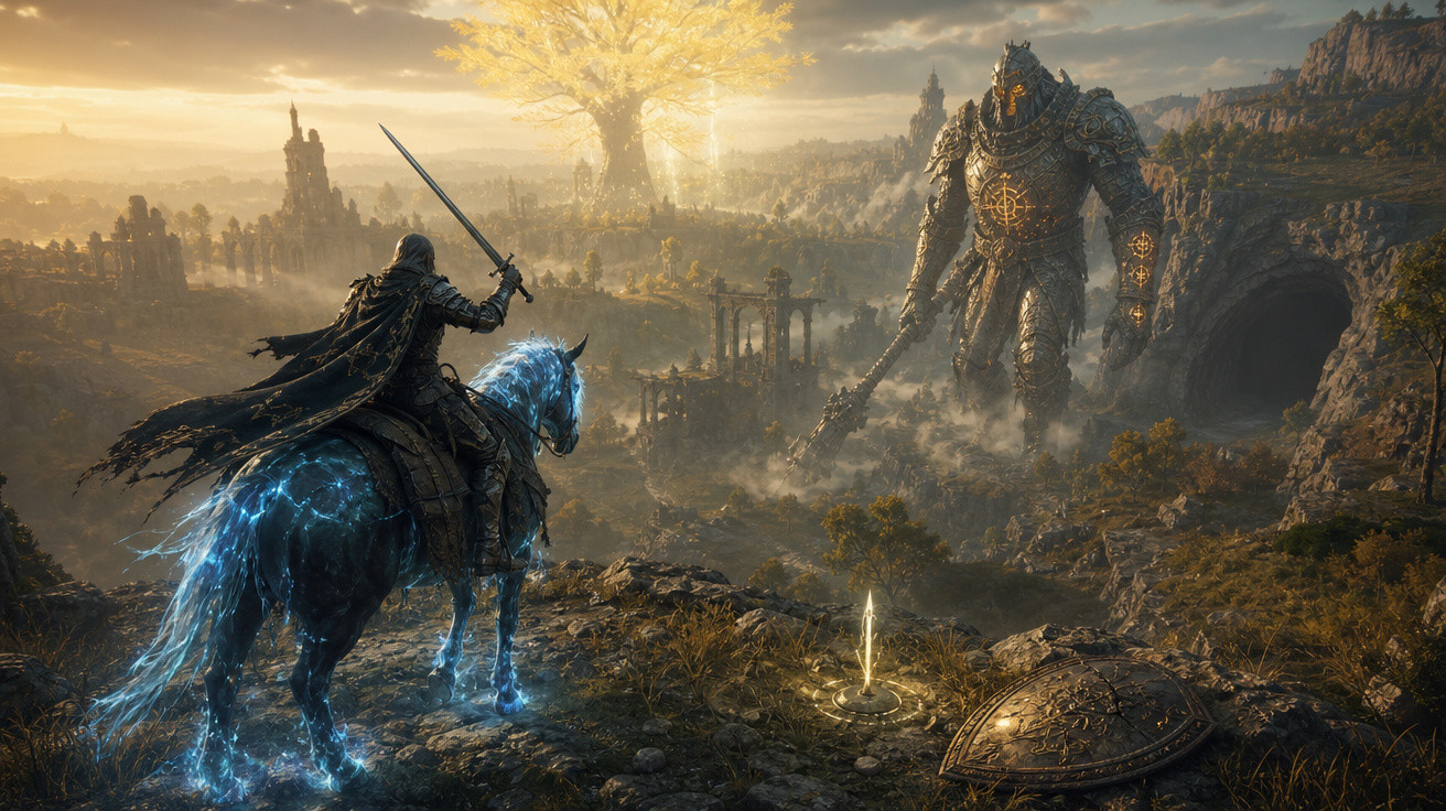 Cavaleiro em cavalo luminoso enfrenta gigante de armadura em cenário de fantasia com árvore dourada ao fundo.