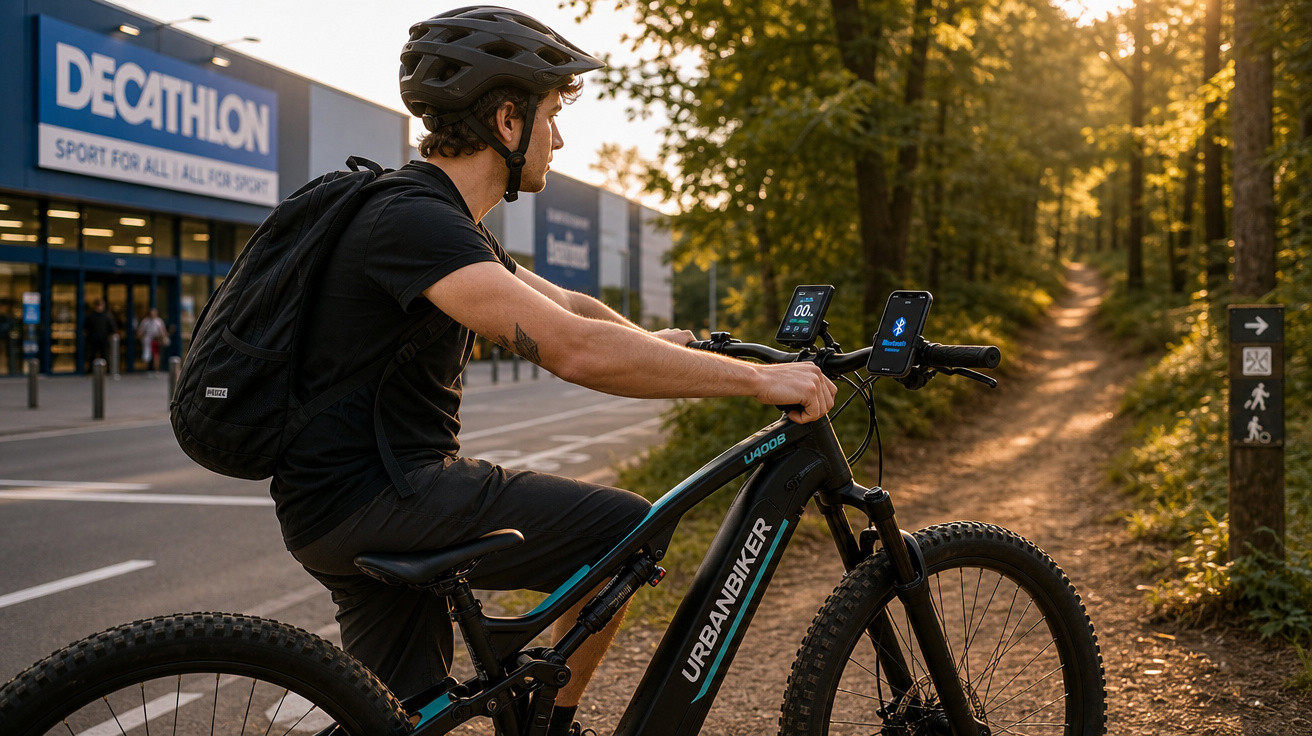 Homem de capacete com mochila observa trilha de bicicleta ao lado de loja Decathlon ao entardecer.