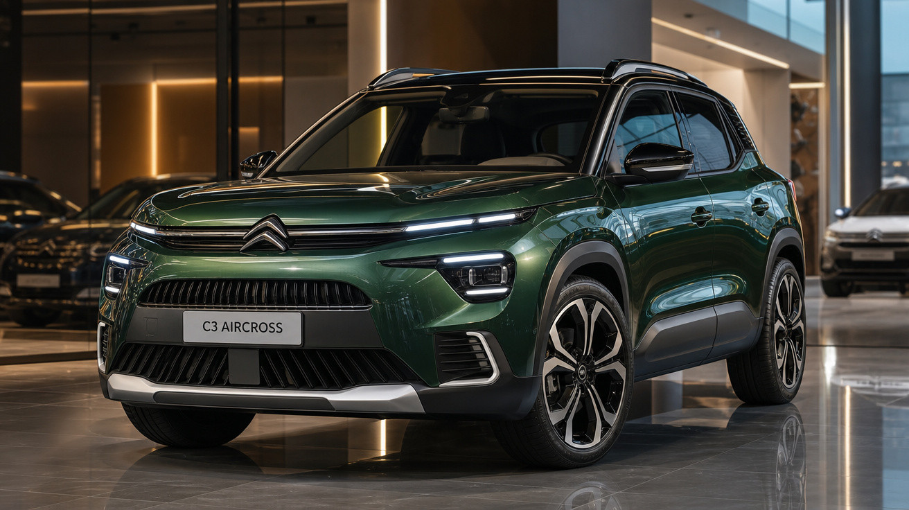 SUV Citroën C3 Aircross verde escuro exibido em showroom moderno com teto preto e rodas esportivas.