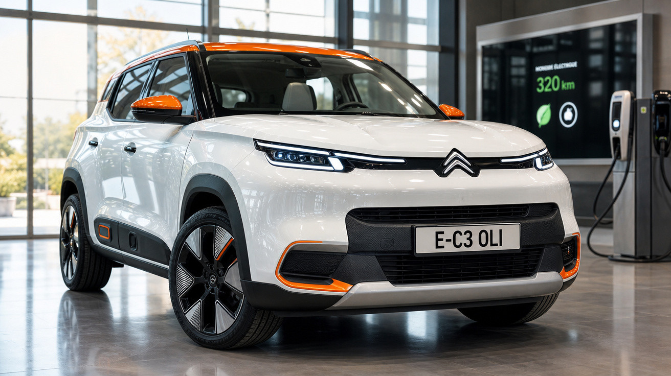 Carro elétrico Citroën E-C3 Oli branco com detalhes laranja em showroom moderno.