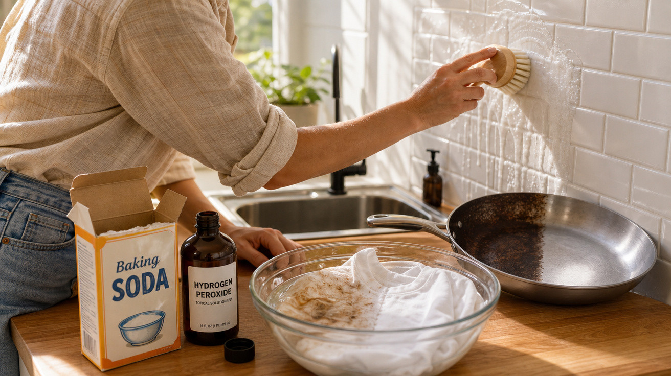 Pessoa limpando azulejos da cozinha com escova, bicarbonato e peróxido enquanto lava roupa suja em tigela.