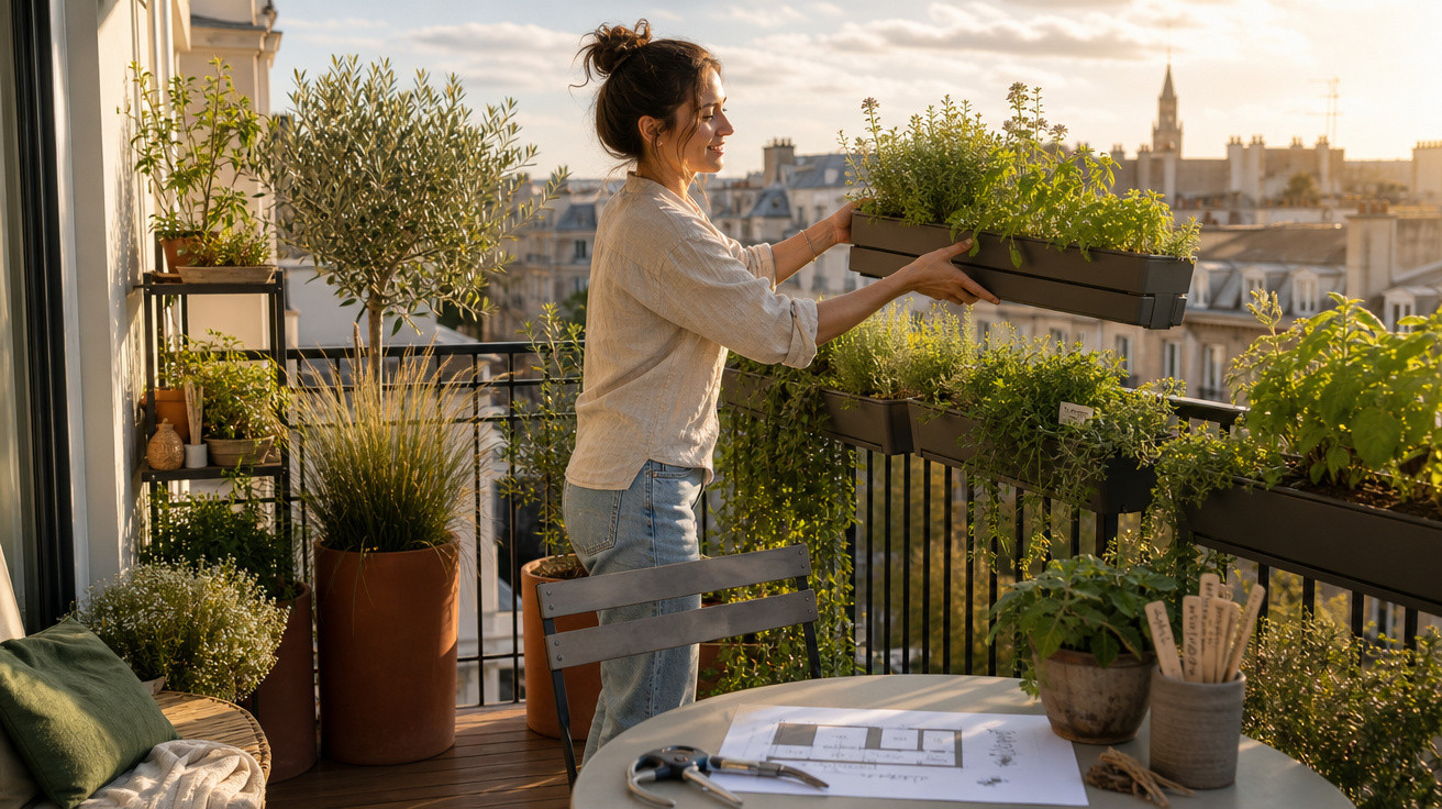 Mulher cuidando de plantas em vasos em varanda ensolarada com vista para prédios ao entardecer.