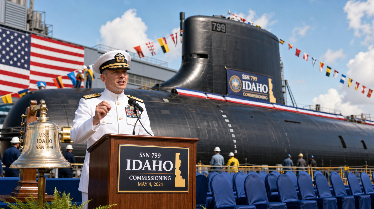 Oficial da marinha fala no púlpito durante cerimônia de comissionamento do submarino USS Idaho SSN 799.